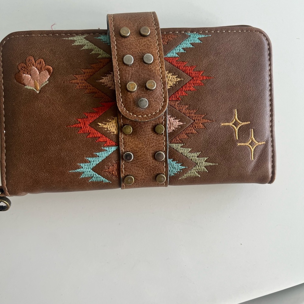 Embroidered Brown Leather Wallet Clutch with Studded Strap